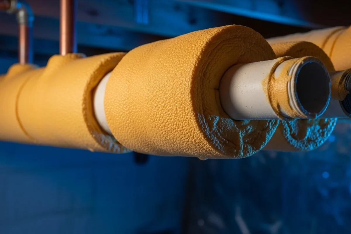 Spray foam insulation protecting pipes from freezing