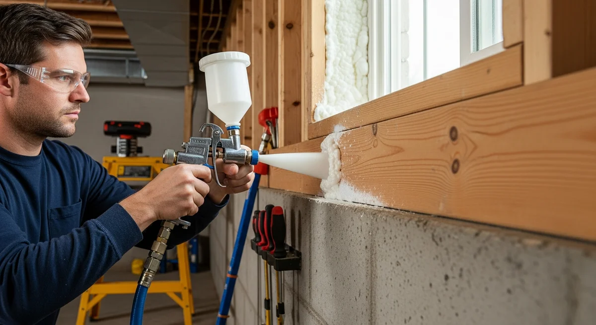 Professional applying spray foam insulation to rim joist in basement